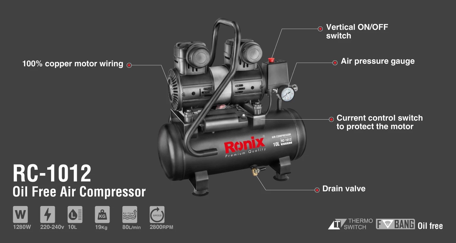 کمپرسور باد سایلنت RC-1012 رونیکس 10 لیتری RONIX