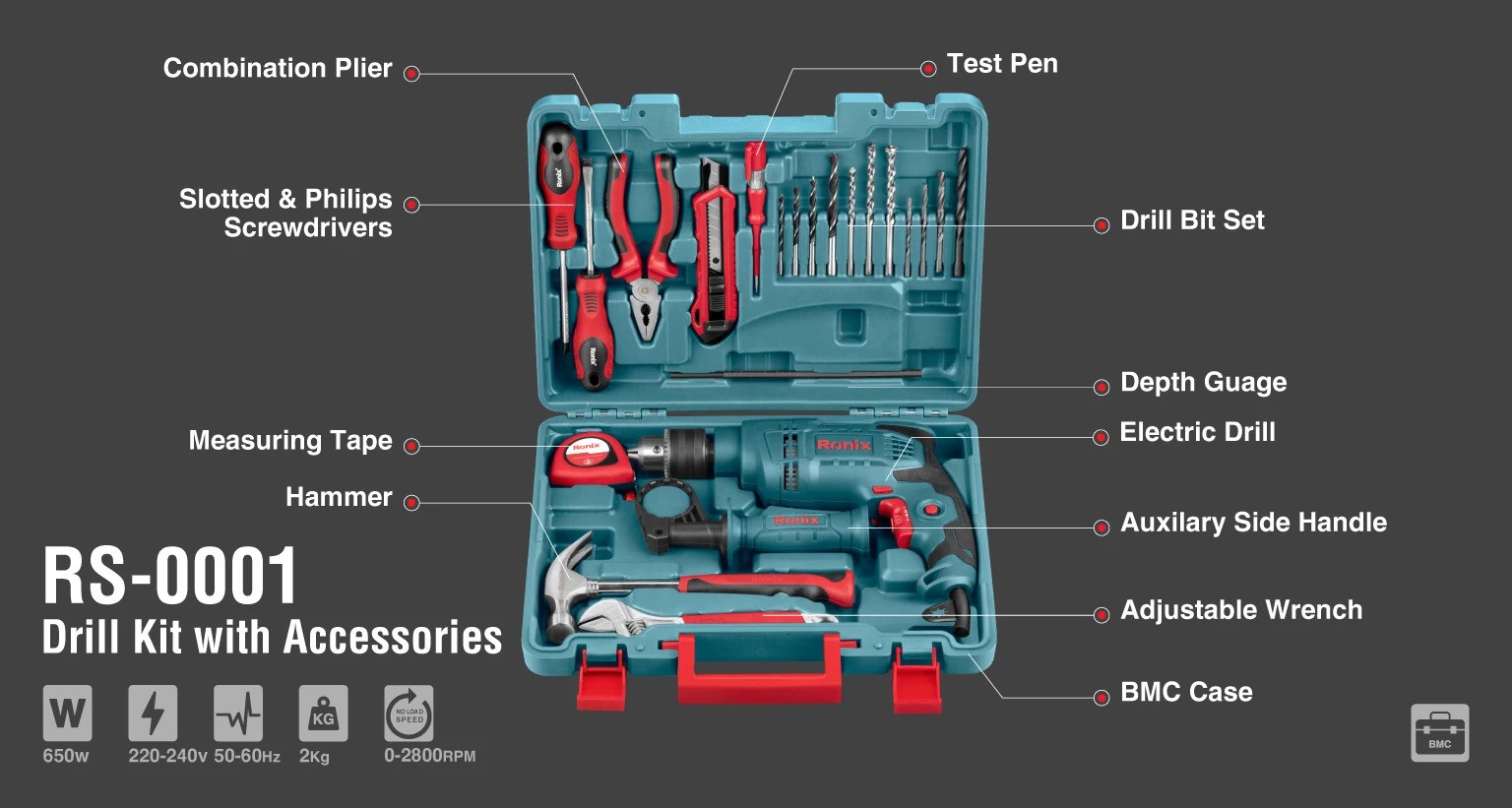 کیت دریل چکشی RS-0001 رونیکس 650 وات RONIX