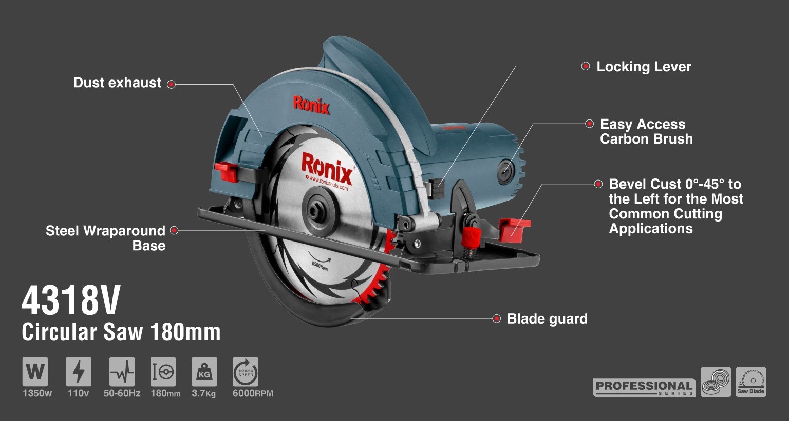 اره برقی گرد بر 4318V رونیکس 180 میلی متری 1350 وات RONIX