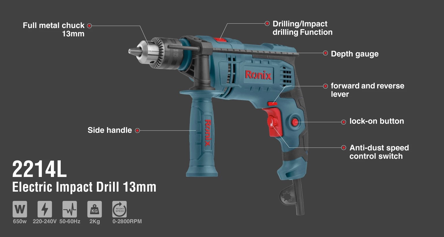دریل چکشی 2214l رونیکس 650 وات RONIX