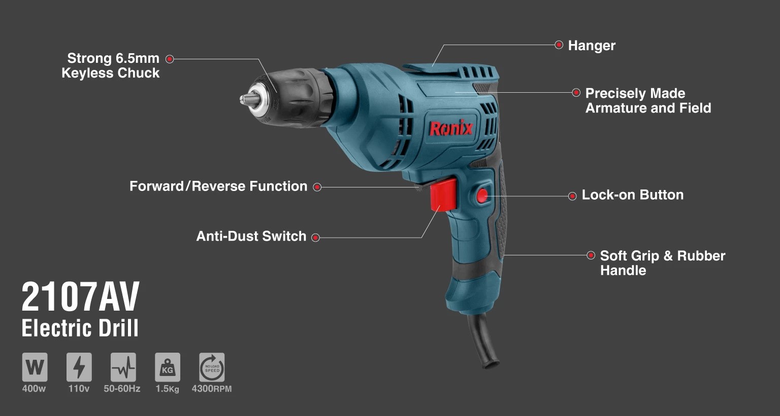 دریل برقی 2107AV رونیکس اتوماتیک 400 وات RONIX