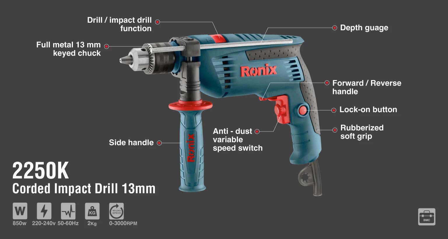 دریل چکشی 2250K رونیکس 850 وات RONIX