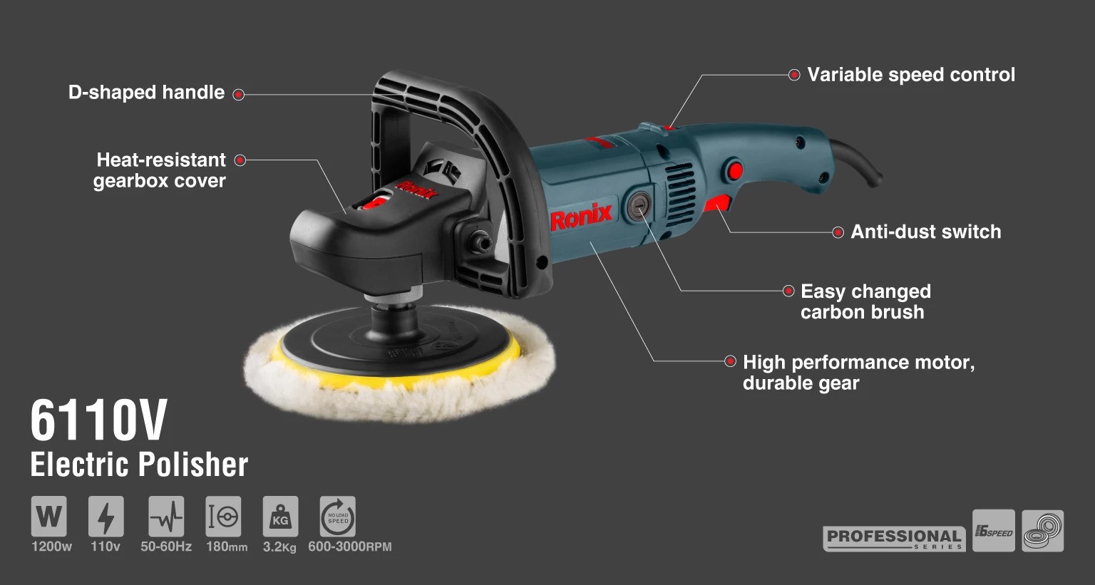 دستگاه پولیش برقی صادراتی 6110V2 رونیکس 1200 وات RONIX