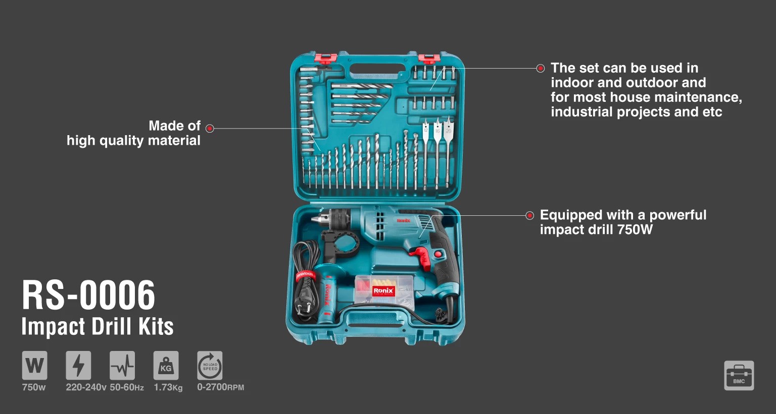 ست ترکیبی دریل RS-0006 رونیکس 750 وات RONIX