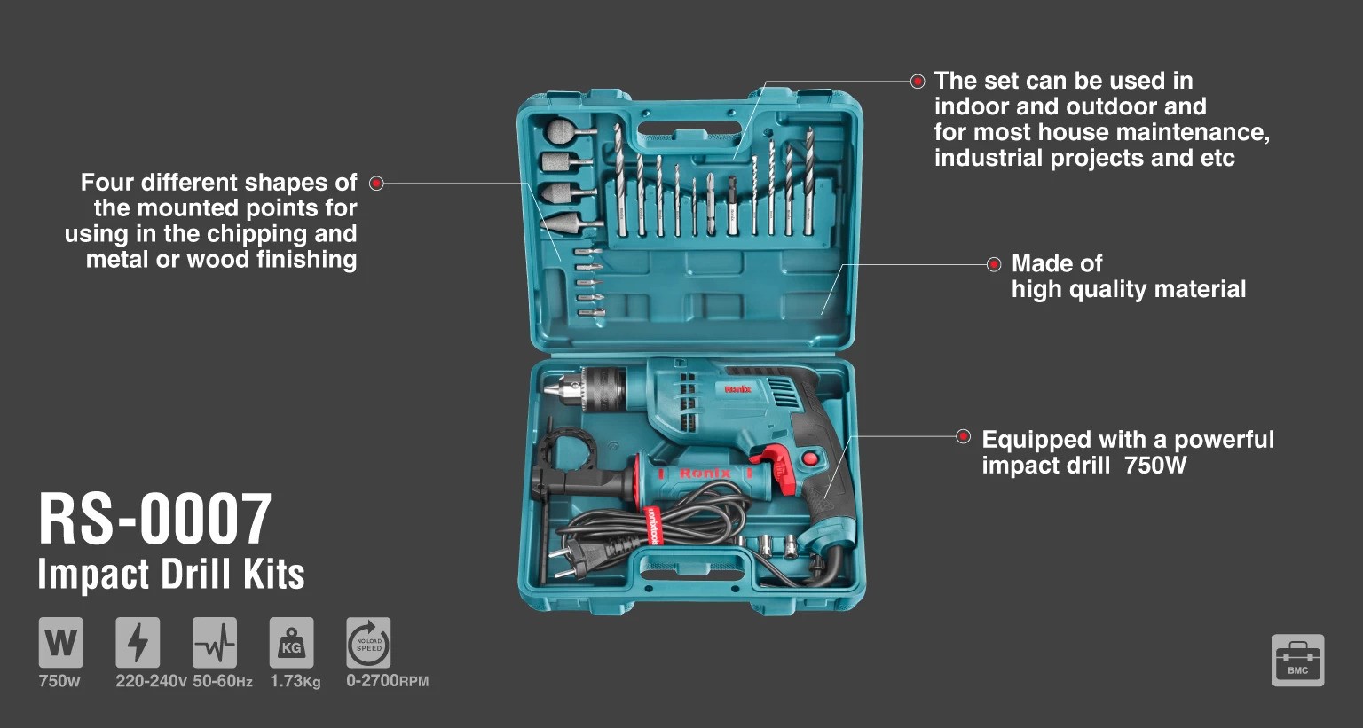 ست ترکیبی دریل RS-0007 رونیکس 750 وات RONIX