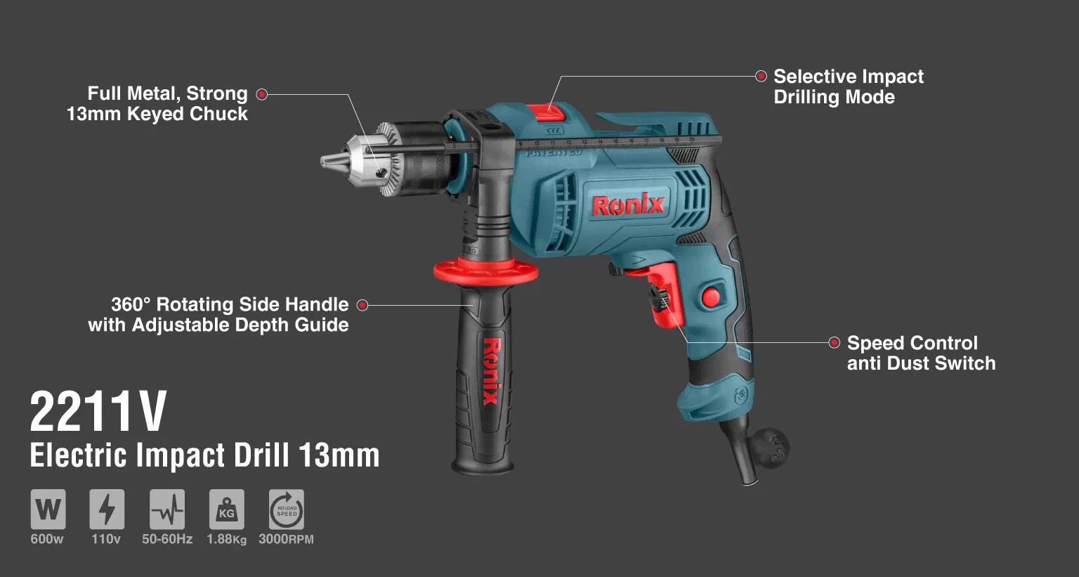 سفارش دریل چکشی 2211V رونیکس 600 وات RONIX