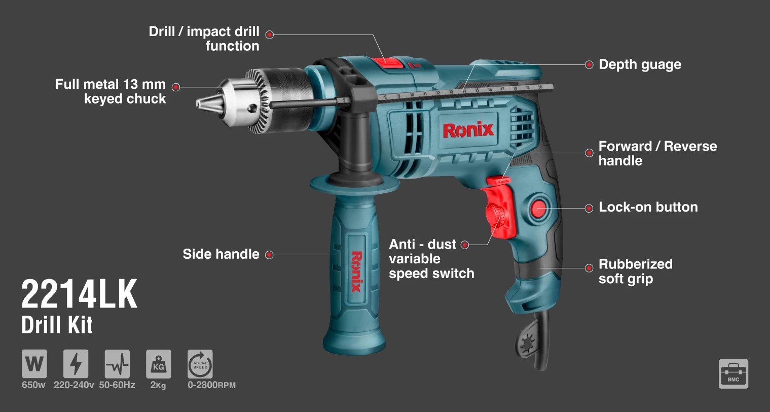 کیت دریل چکشی 2214LK رونیکس 650 وات RONIX