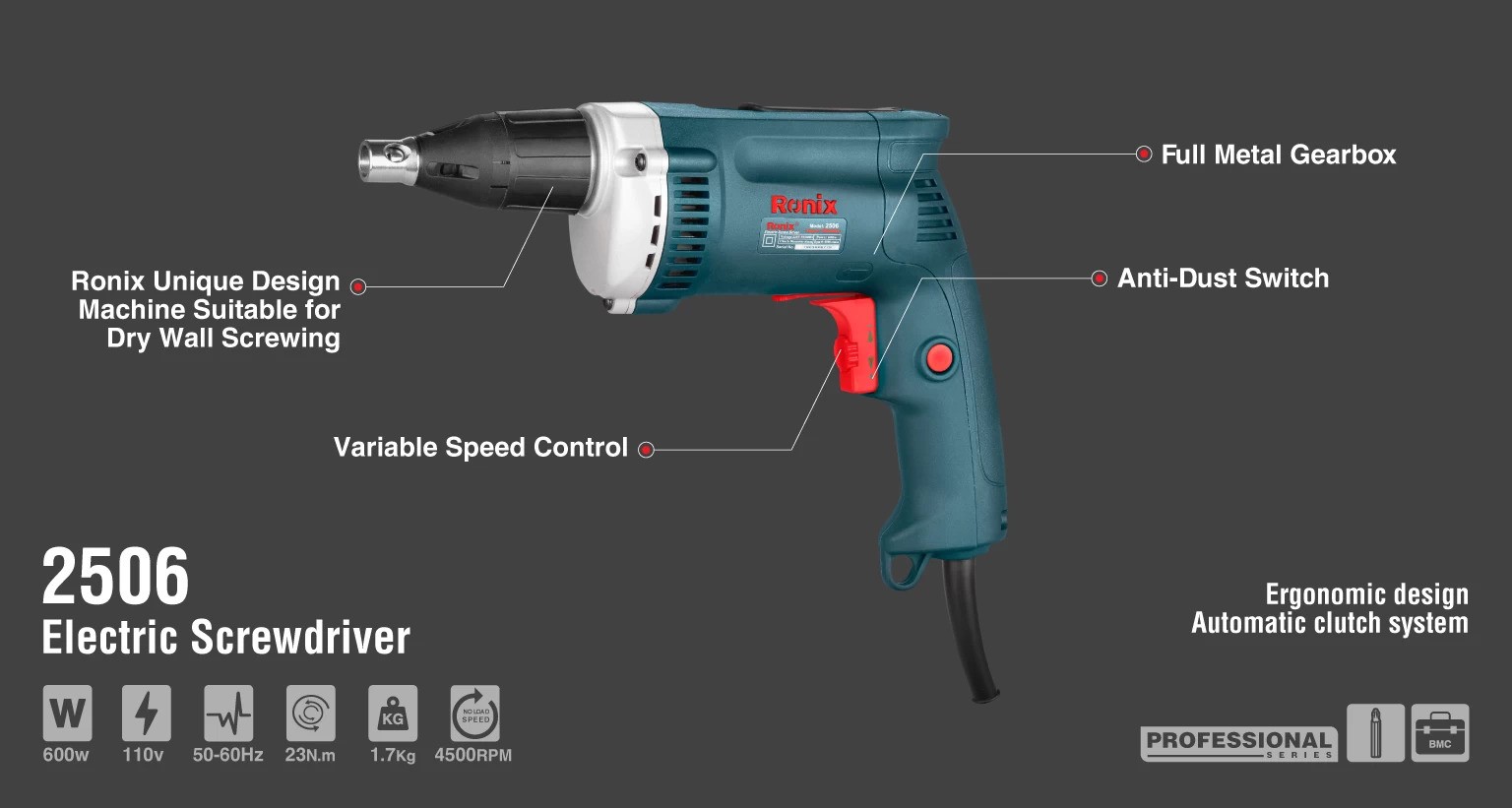 کیت دریل چکشی 2506 رونیکس 600 وات RONIX