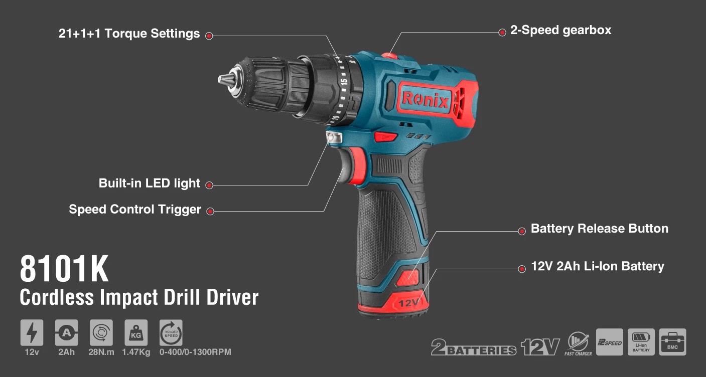 دریل پیچ گوشتی چکشی شارژی مدل 8101K رونیکس 12 ولت RONIX