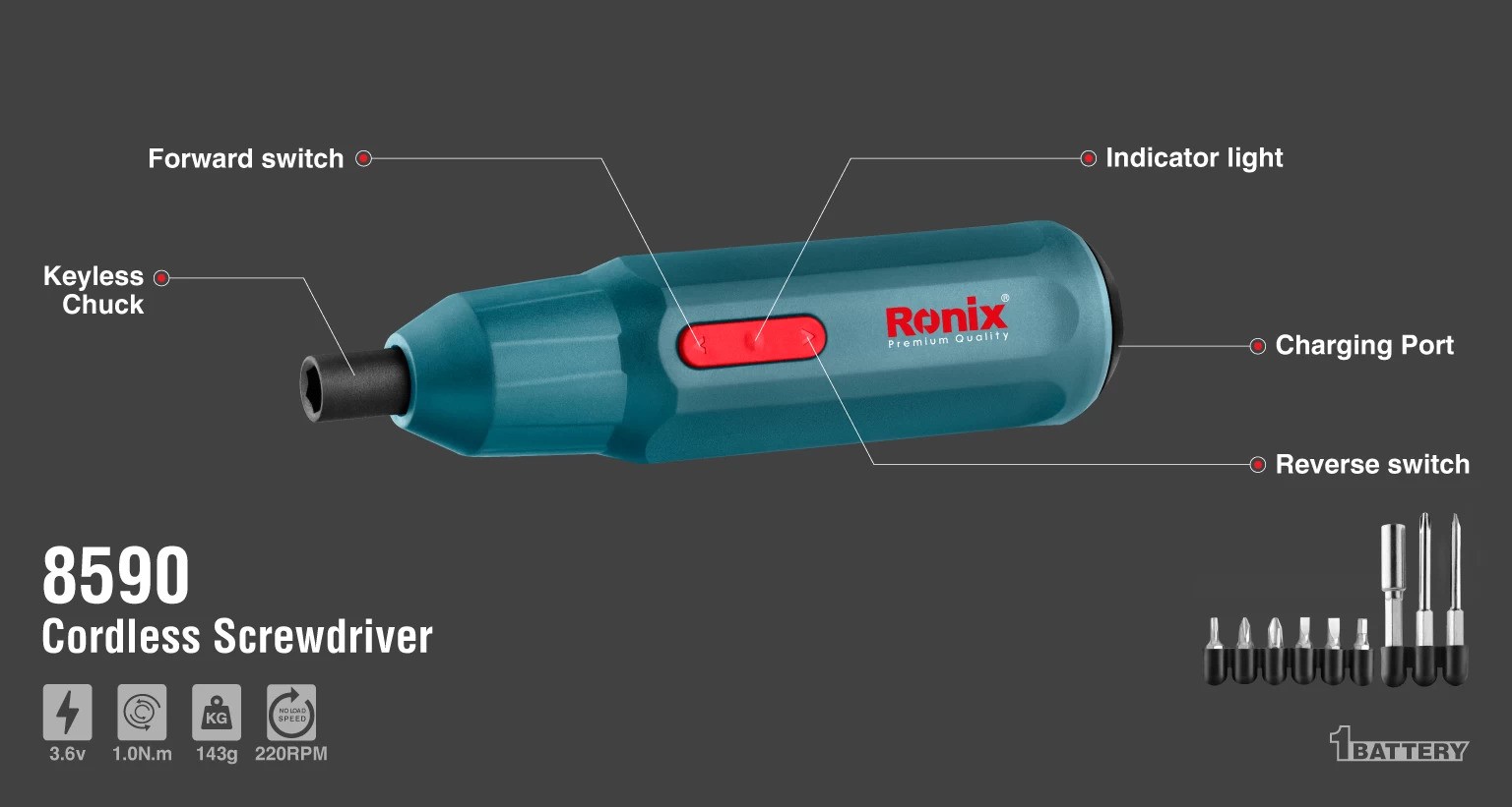 پیچ گوشتی شارژی مدل 8590 رونیکس 3.6 ولت RONIX